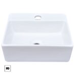 White rectangular bathroom sink basin with a rear faucet hole and a central drain inside the basin.
