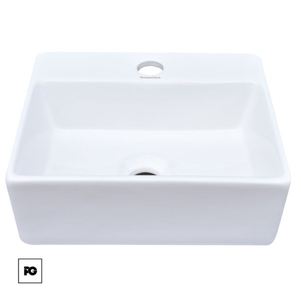 White rectangular bathroom sink basin with a rear faucet hole and a central drain inside the basin.