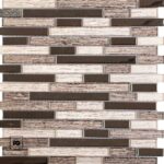 Malla30x30-sevilla-cenezzia-ok | Plomería García Close-up of a brick-pattern tile wall with alternating dark brown and light wood-textured rectangular tiles; small logo in bottom-left corner.