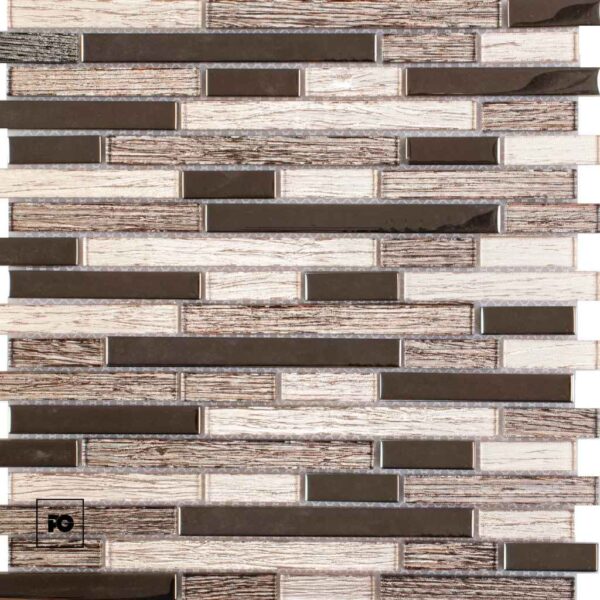 Malla30x30-sevilla-cenezzia-ok | Plomería García Close-up of a brick-pattern tile wall with alternating dark brown and light wood-textured rectangular tiles; small logo in bottom-left corner.