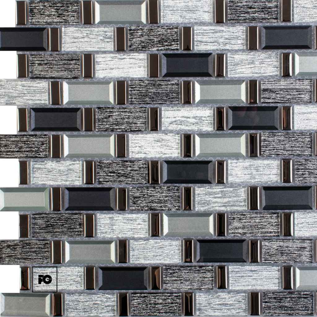 Decorative wall made of rectangular metal tiles in silver, gray, and black tones with brown accents, forming a brick-like pattern. (Bottom-left shows a small FG watermark)