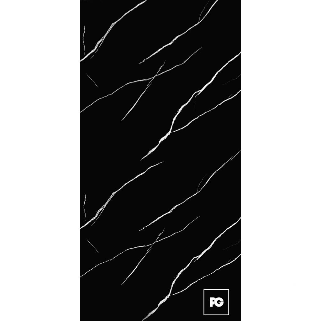 Black marble texture with white veins and a small PG logo in the bottom-right corner.