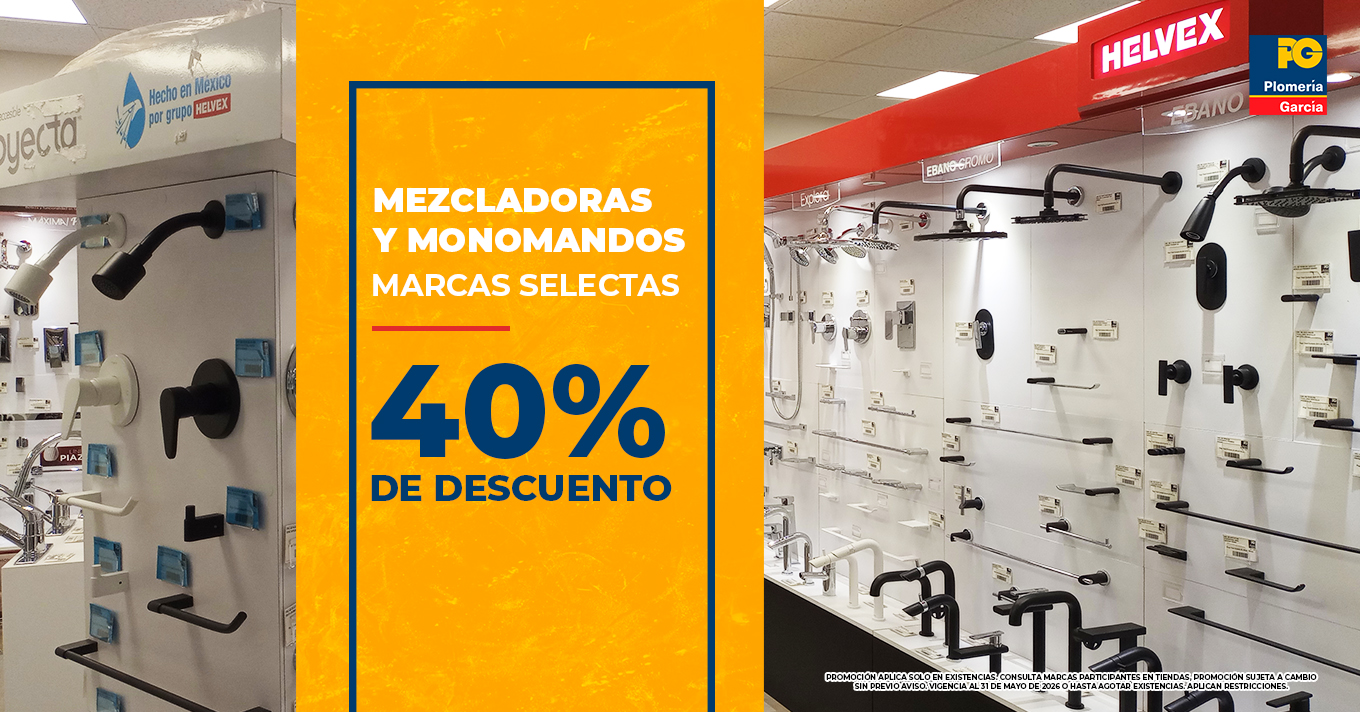 Orange promotional panel announces 40% descuento on mixers and single-handle faucets, with faucet displays on both sides in a showroom.