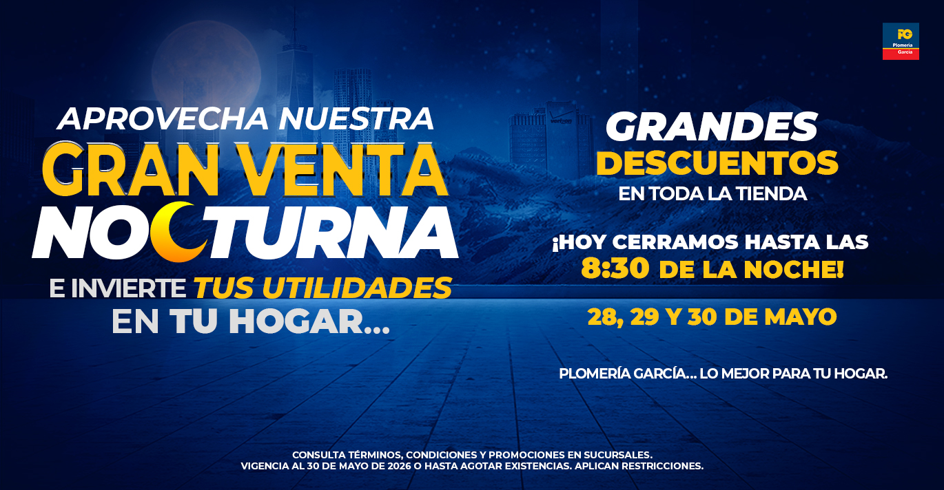 Promotional banner in blue: "gran venta nocturna" with storewide discounts and closing time 8:30 pm on may 28–30.