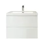 White bathroom vanity with an integrated rectangular sink and chrome faucet, front view