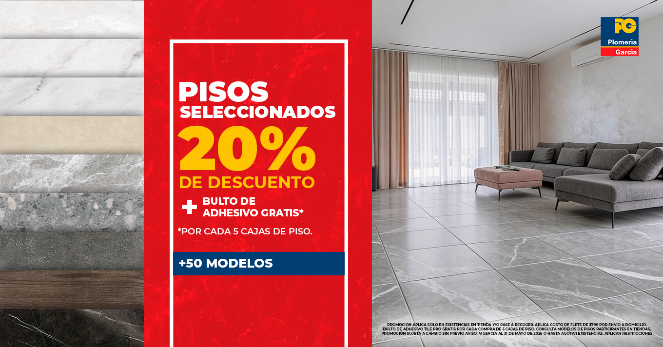Promotional banner in the center advertising 'pisos seleccionados 20% de descuento' with '+50 modelos' text, flanked by floor sample swatches and a modern living room on the right, plus a logo in the top-right corner.
