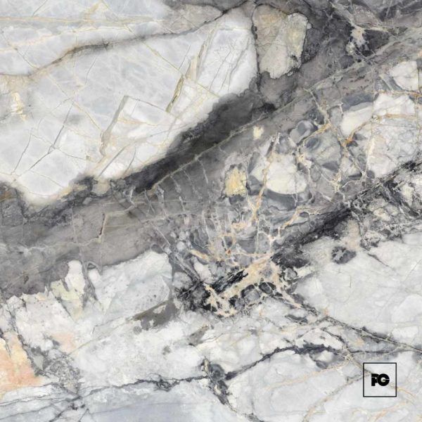 Piso ceramico color plata-60x60-brillante-interior-supreme-lamosa-ok | Plomería García Close-up of gray and white marble with gold veining; fg logo in bottom-right corner