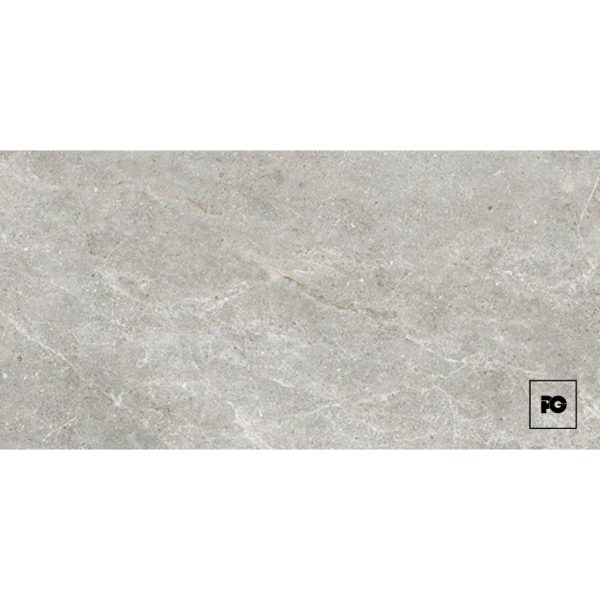 Piso ceramico gres color grey-60x120-mate-interior-exterior-amsterdam-castel-ok | Plomería García Gray marble texture background with a small 'pg' logo in the bottom-right corner