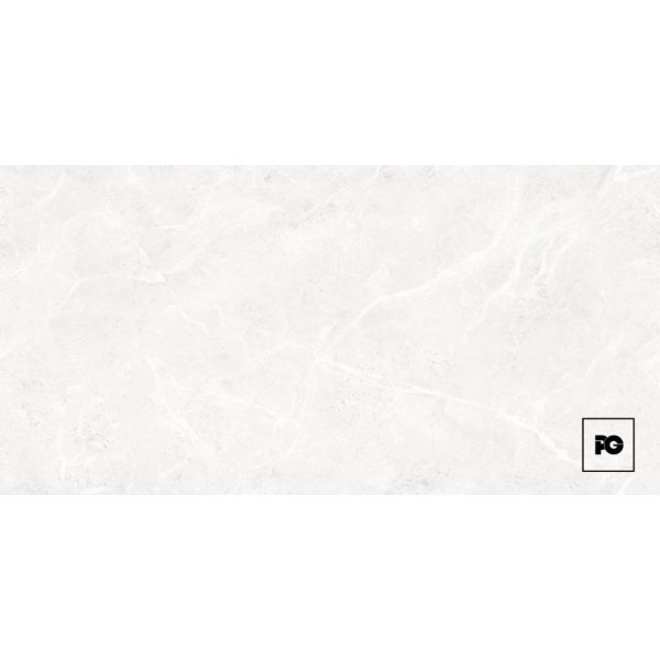 Piso porcelanico color blanco-60x120-esmaltado-interior-taranto-vitromex-ok | Plomería García White marble-textured background with faint gray veins and a small black-outlined square logo containing 'pg' in the bottom-right corner.