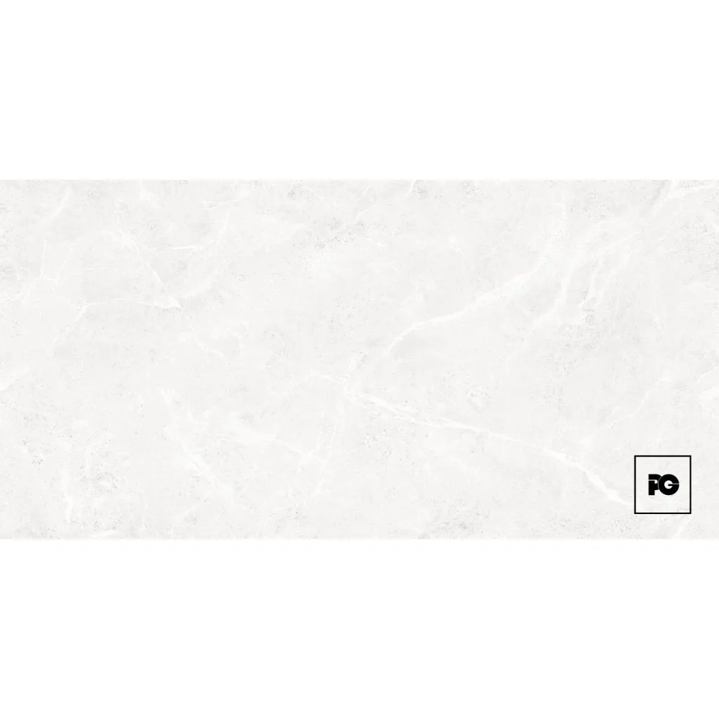 White marble-textured background with faint gray veins and a small black-outlined square logo containing 'PG' in the bottom-right corner.