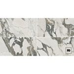 Four-panel marble tile collage with white and gray veining and a pg logo in the bottom-right corner.