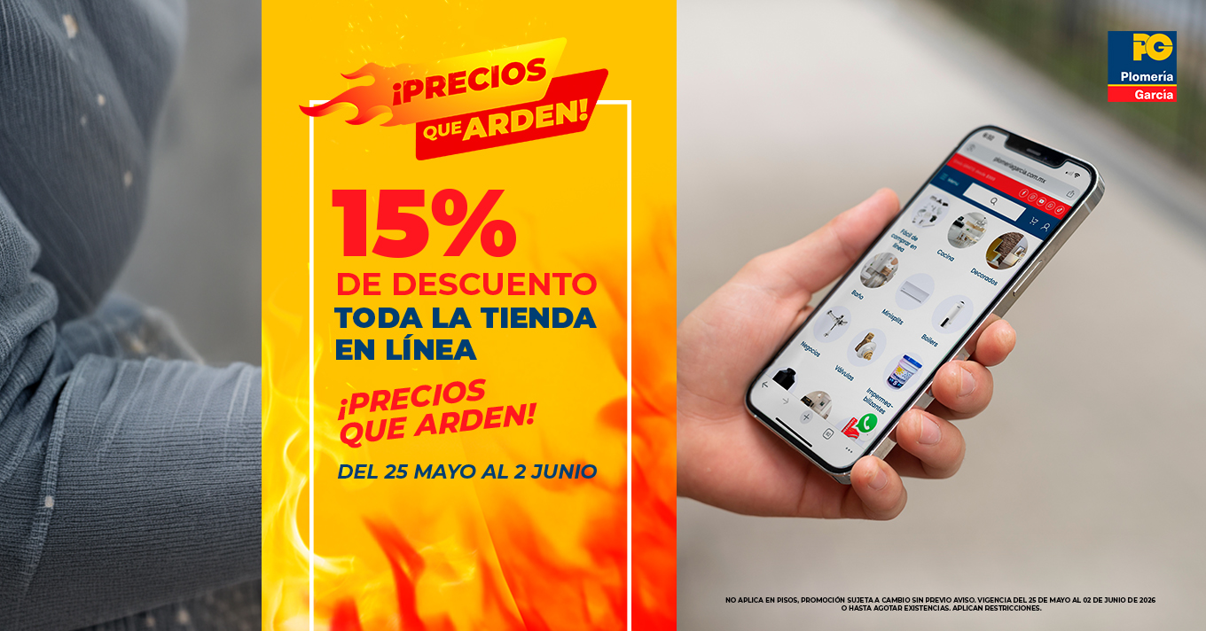 Bright yellow promotional banner reading '15% de descuento en toda la tienda en línea' with fiery accents, shown beside a hand holding a smartphone displaying a shopping app. Logo 'plomería garcía' visible in the corner.