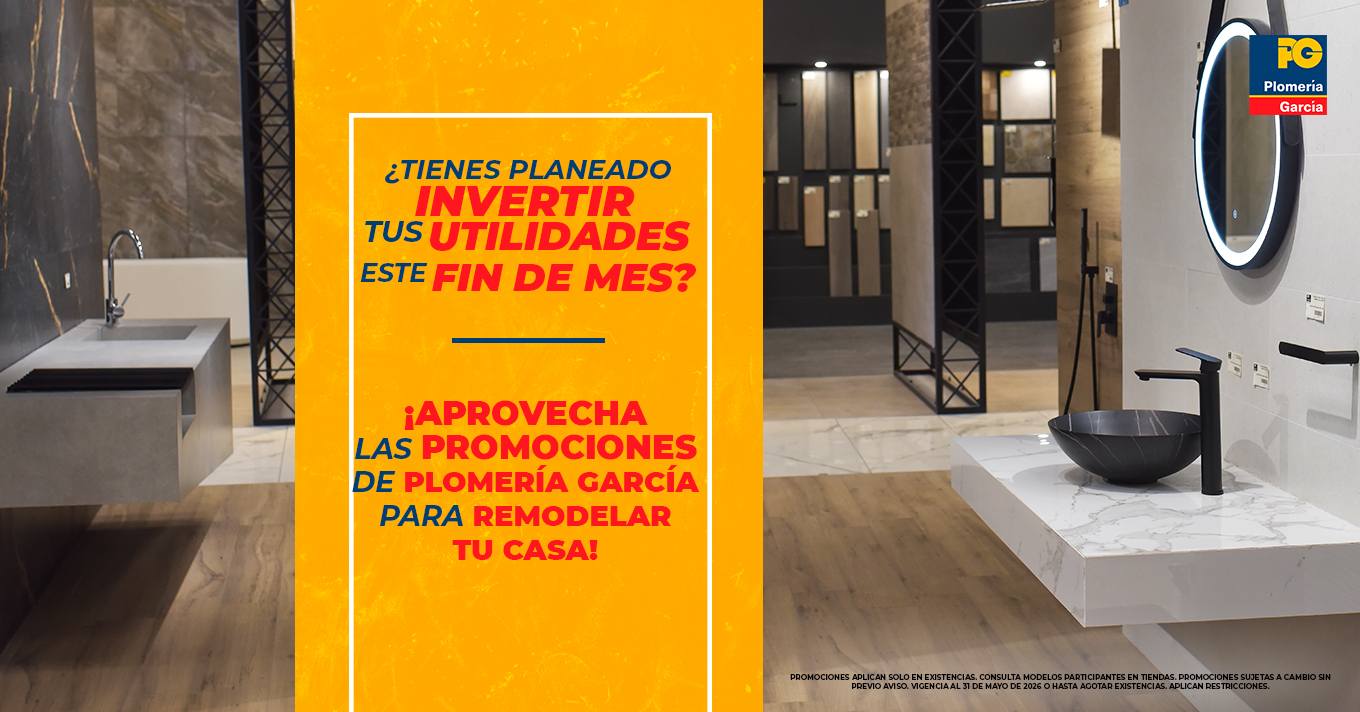 Promotional orange banner in a bathroom showroom with bold spanish text promoting plomería garcía promotions to remodel your home; fixtures and sink visible nearby.