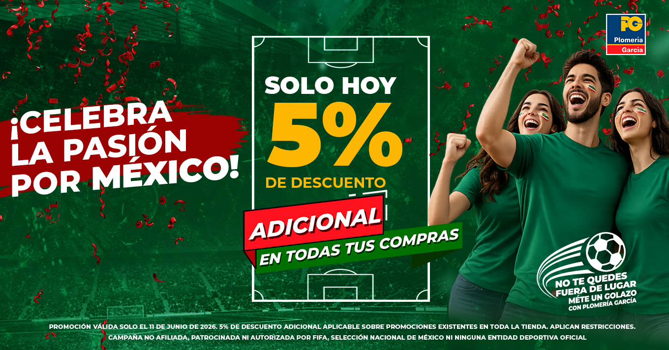 Promotional sports-themed banner: 'solo hoy 5% de descuento' with 'adicional en todas tus compras' on a green field, cheering people in green shirts and confetti.