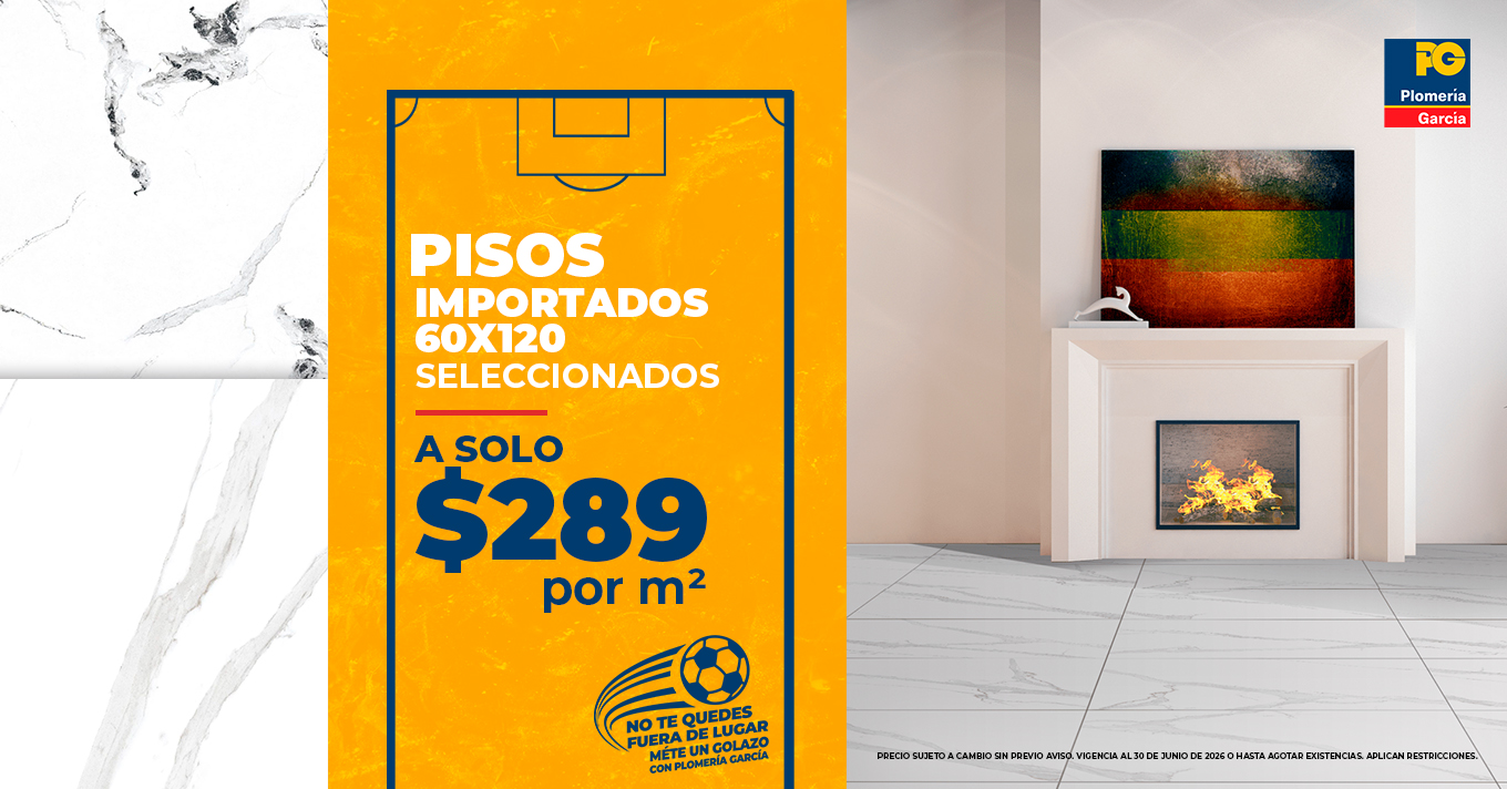 Publicidad: cartel naranja promocionando pisos importados 60x120 a $289 por m², con sala moderna a la derecha.