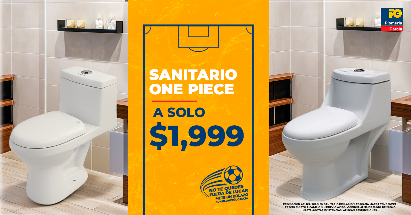 Center orange promotional banner reads 'sanitario one piece a solo $1,999' between two white toilets in a bathroom showroom.