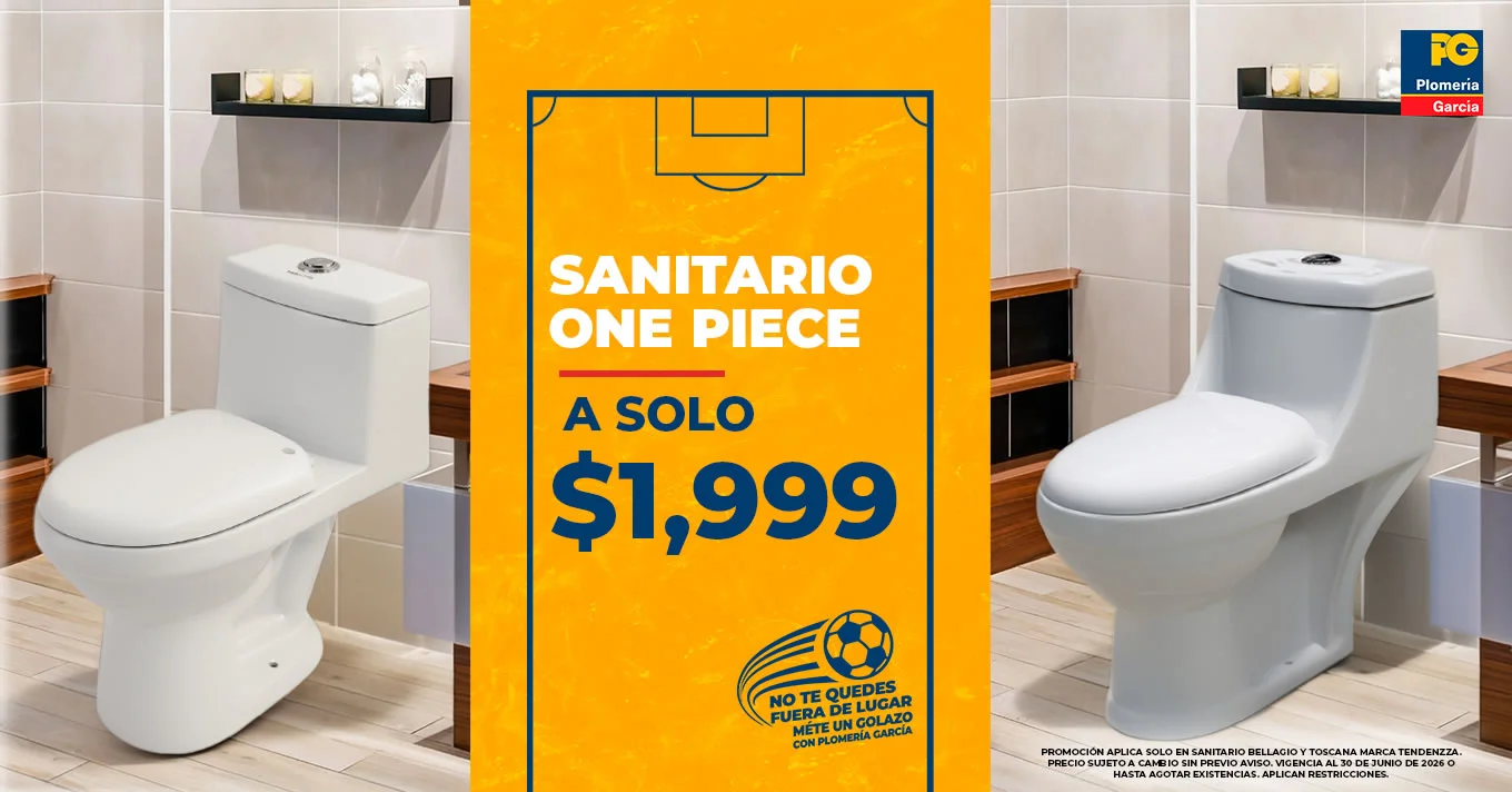 Advertisement banner for a one-piece toilet priced at $1,999 between two white toilets in a showroom.