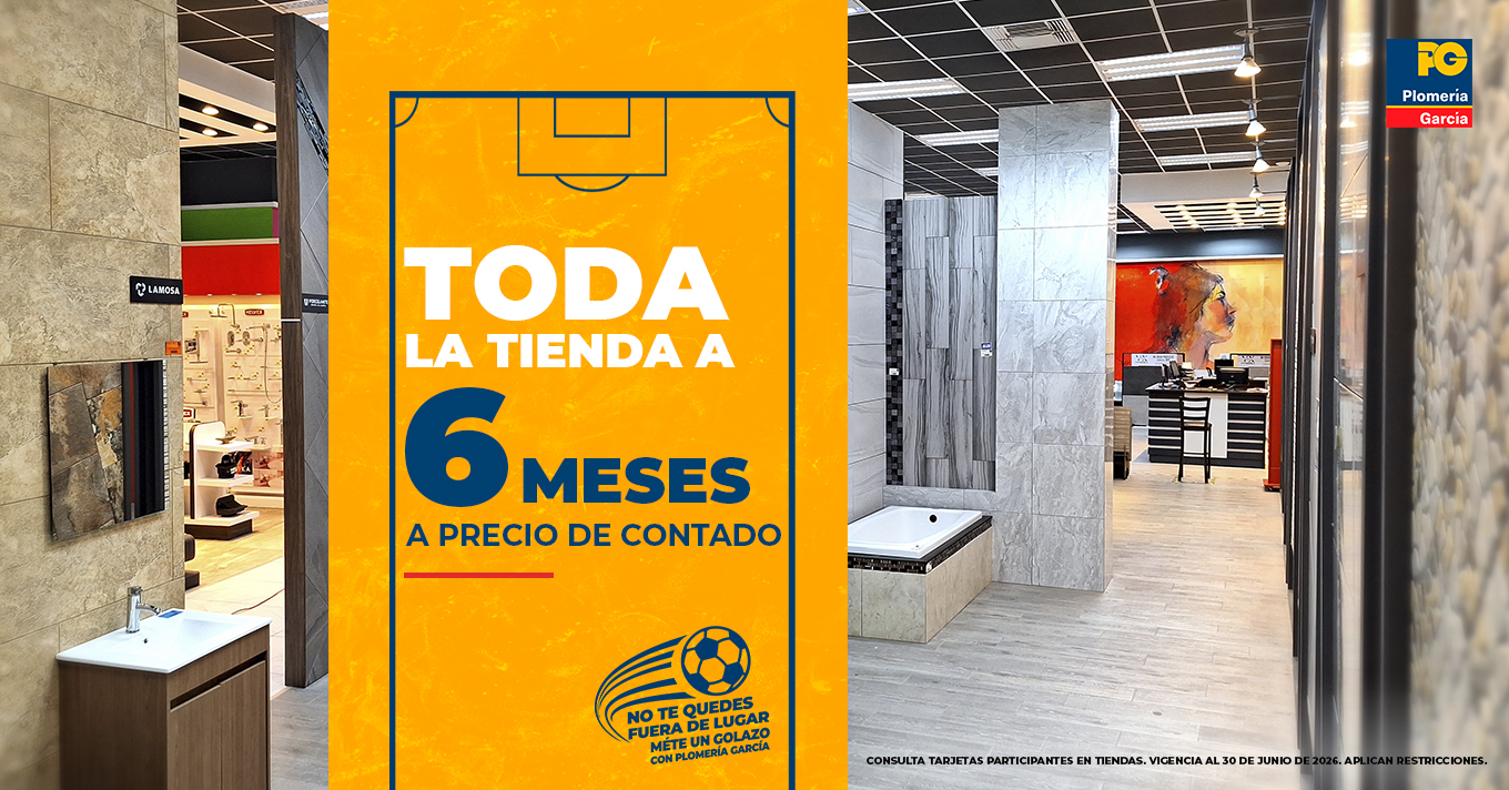 Bright orange promotional sign in a tile showroom reading 'toda la tienda a 6 meses a precio de contado' with bold text and a small soccer logo at the bottom.