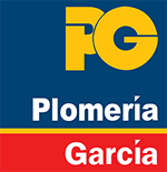 Logo for garcía plomería with yellow fg initials on blue, 'plomería' in white, and 'garcía' on a red stripe.