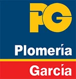 Logo for garcía plomería with yellow fg initials on blue, 'plomería' in white, and 'garcía' on a red stripe.