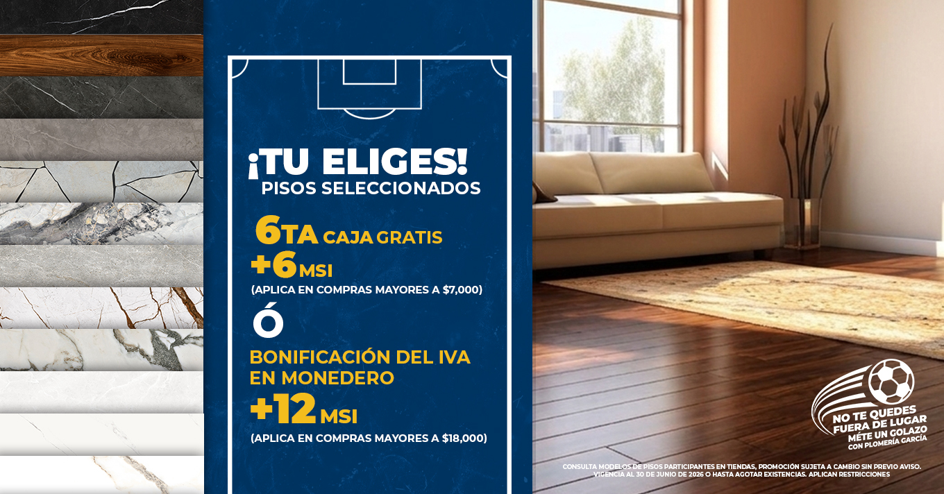 Blue promotional panel with '¡tú eliges! Pisos seleccionados' and offers beside a living room with hardwood floor.