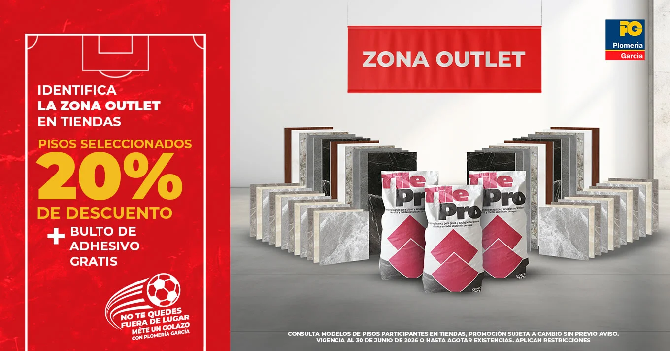 Panel rojo a la izquierda anunciando zona outlet: 20% de descuento en pisos seleccionados y bulto de adhesivo gratis, con logotipo de la tienda en la esquina inferior izquierda.