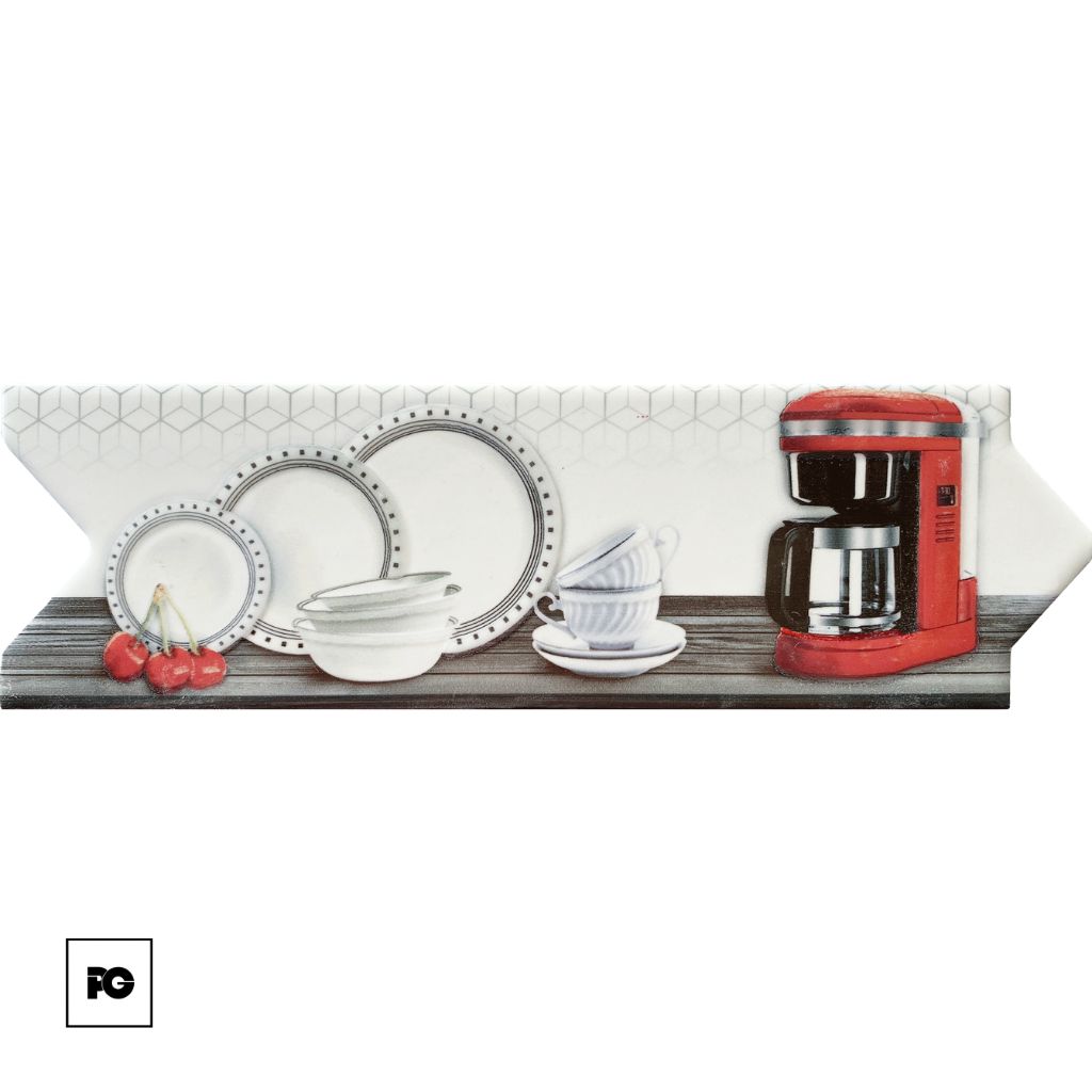 Red coffee maker sits on a wooden counter beside white dishes, cups, and a small bunch of cherries, against a light tiled background on a kitchen counter banner.