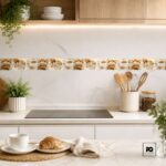 Modern kitchen with induction stove, wooden utensil can, plant, and a croissant breakfast on the counter.