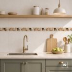Brass faucet over a stainless sink, cream countertop, with a bowl of green apples beside a cutting board.