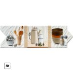 Decorative kitchen-themed banner showing utensils in cups, a beige coffee pot, bowls, and salt and pepper shakers on a striped background.