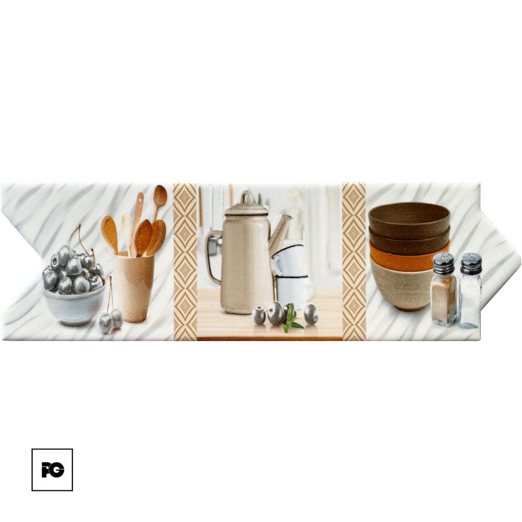 Decorative kitchen-themed banner showing utensils in cups, a beige coffee pot, bowls, and salt and pepper shakers on a striped background.
