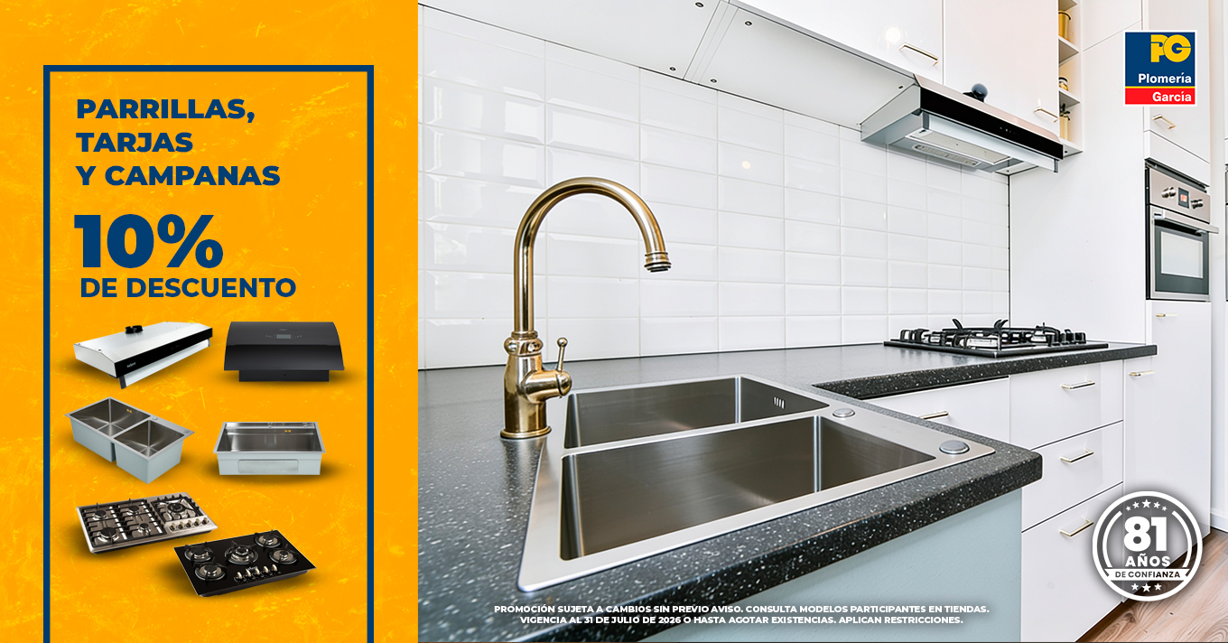Promotional banner offering 10% off grills, sinks, and hoods on an orange panel beside a modern kitchen. Images of related appliances appear on the left; kitchen with sink and stove on the right.
