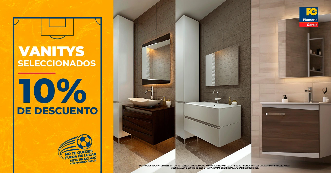 Advertisement for selected vanities with 10% discount; orange panel on left and modern bathroom vanities on the right.