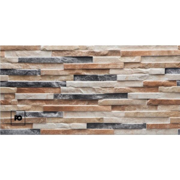 Fachaleta mix-30x60-everest-cenezzia-ok | Plomería García Stone veneer wall with horizontal rows of beige, brown, and gray bricks; small black fg logo in the bottom-left corner.