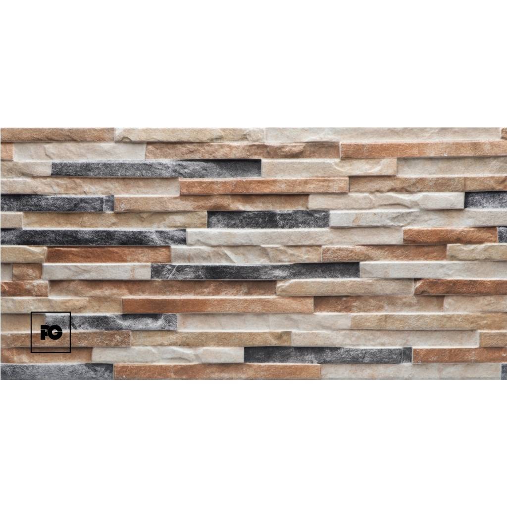 Stone veneer wall with horizontal rows of beige, brown, and gray bricks; small black FG logo in the bottom-left corner.