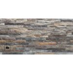 Fachaleta oxido-30x60-everest-cenezzia-ok | Plomería García Stone veneer wall with irregular gray-brown stones and a small black fg logo in a square at the lower-left corner
