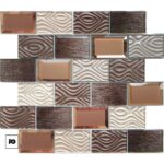Malla decorativa de vidrio hannah 30 x 30 cm-tiles-ok | Plomería García Decorative mosaic tile sheet with rectangular glass tiles in bronze, copper, and cream tones, featuring wavy textured patterns in a staggered brick layout.