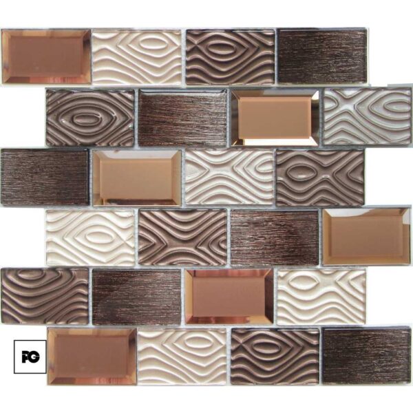 Malla decorativa de vidrio hannah 30 x 30 cm-tiles-ok | Plomería García Decorative mosaic tile sheet with rectangular glass tiles in bronze, copper, and cream tones, featuring wavy textured patterns in a staggered brick layout.