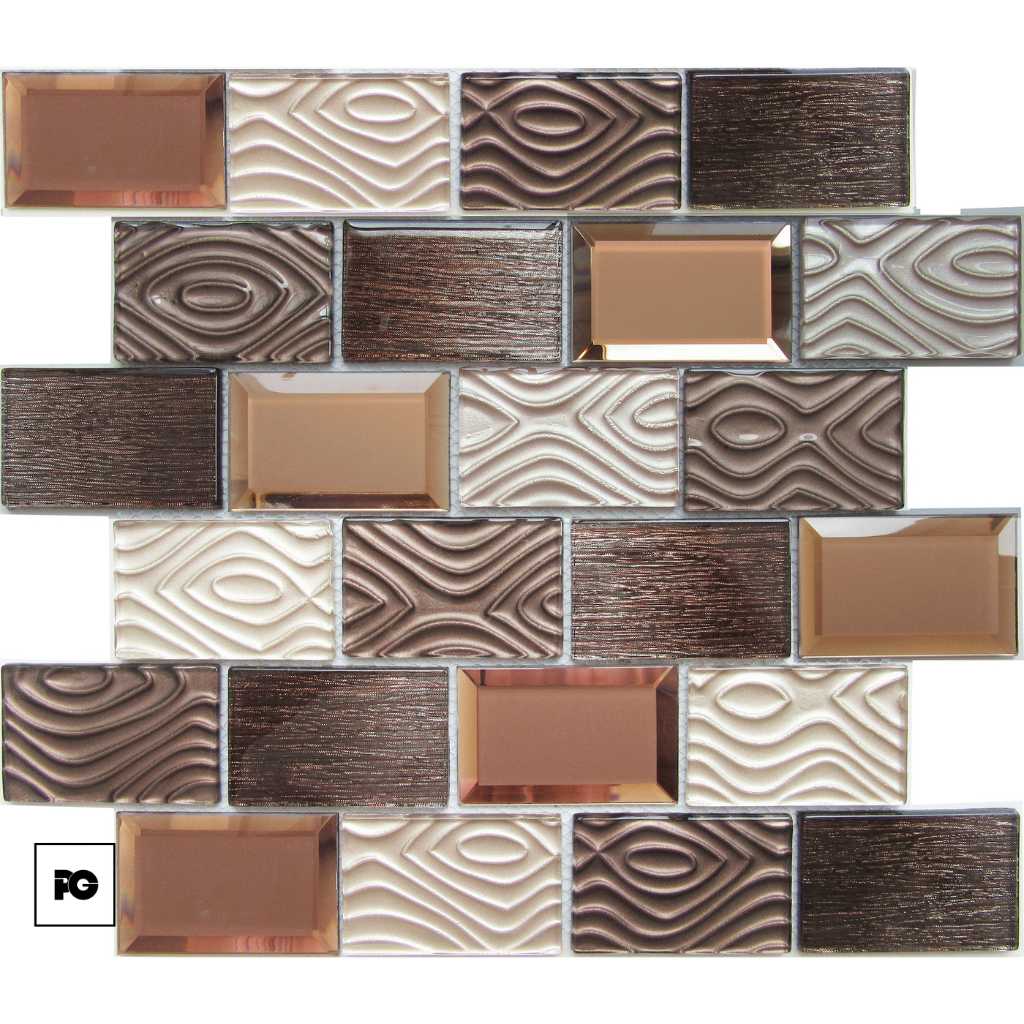 Decorative mosaic tile sheet with rectangular glass tiles in bronze, copper, and cream tones, featuring wavy textured patterns in a staggered brick layout.