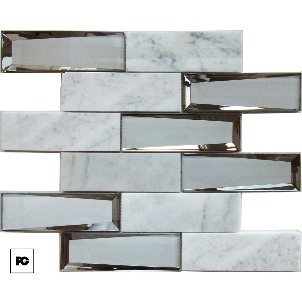 Staggered brick-pattern backsplash made of white marble tiles with gray veining and glossy mirrored tiles.