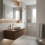 Malla decorativa islandia de vidrio acero inoxidable y resina 30 x 30 cm-tiles-2-ok | Plomería García Modern bathroom with a wall-mounted wooden vanity, white vessel sink, brass faucet, and glass-enclosed shower.