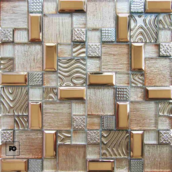 Malla decorativa islandia de vidrio acero inoxidable y resina 30 x 30 cm-tiles-ok | Plomería García Metallic square tile mosaic with gold bronze bars and varied textured patterns in a geometric grid.