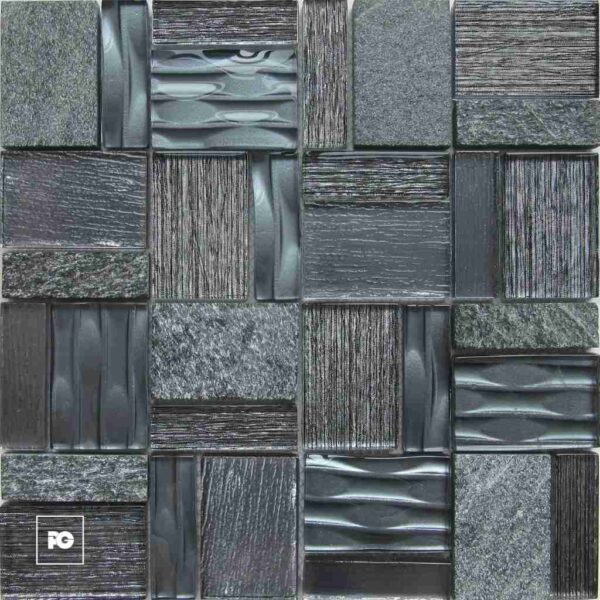 Malla decorativa jenner de vidrio y piedra gris 30 x 30 cm-tiles-ok | Plomería García Close-up of a dark gray stone tile mosaic with varied textures—smooth, grooved, and rough surfaces—featuring a small white pg logo in the bottom-left corner.