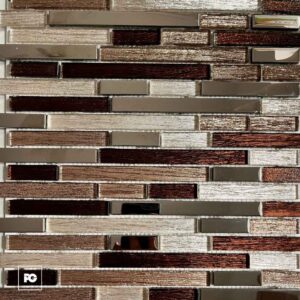 Close-up of a brown-toned glass and ceramic brick-pattern backsplash with metallic accents and glossy surfaces