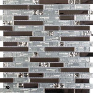 Gray and dark brown glass tile backsplash arranged in a staggered brick pattern