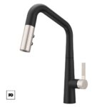 Monomando para cocina-asari-negro_cromo-gt529asrbgs-pfister-ok | Plomería García Modern black kitchen faucet with a curved gooseneck spout and metallic spray head on a white background