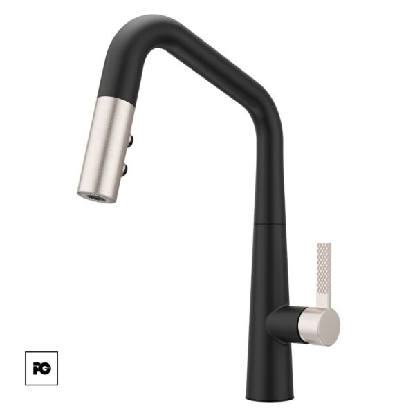 Monomando para cocina-asari-negro_cromo-gt529asrbgs-pfister-ok | Plomería García Modern black kitchen faucet with a curved gooseneck spout and metallic spray head on a white background