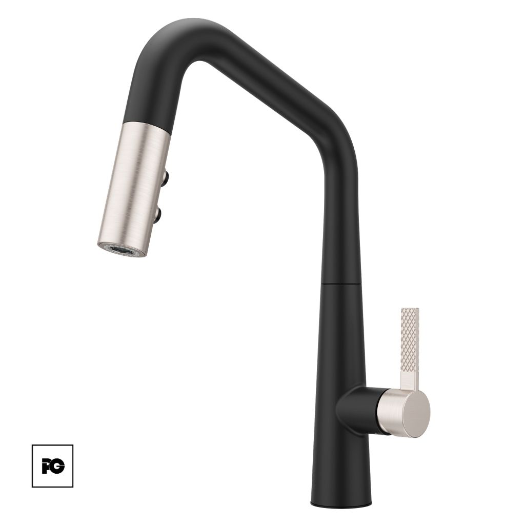 Monomando para cocina-asari-negro_cromo-gt529asrbgs-pfister-ok | Plomería García Modern black kitchen faucet with a curved gooseneck spout and metallic spray head on a white background