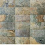 Mosaico alberca sage-30x61-bali-cenezzia-3-ok | Plomería García Grid collage of assorted stone slabs in blues, grays, beiges with rough textures and natural veining across tiles.