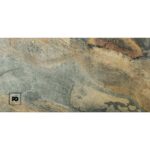Mosaico alberca sage-30x61-bali-cenezzia-ok | Plomería García Texture of weathered rock with gray, brown, and orange hues and an fg logo in the bottom-left corner.